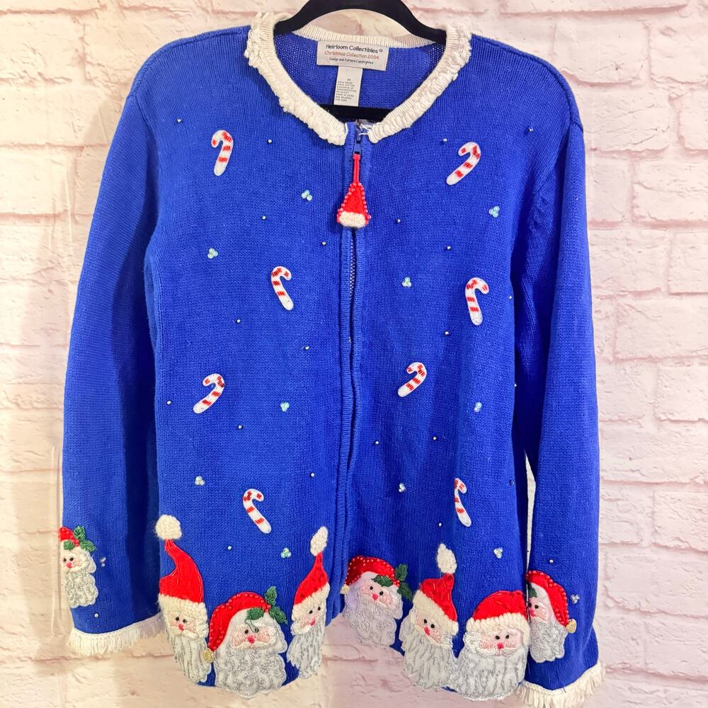 Heirloom Collectibles 2004 bright blue Xmas zip up sweater Santa/candy canes M